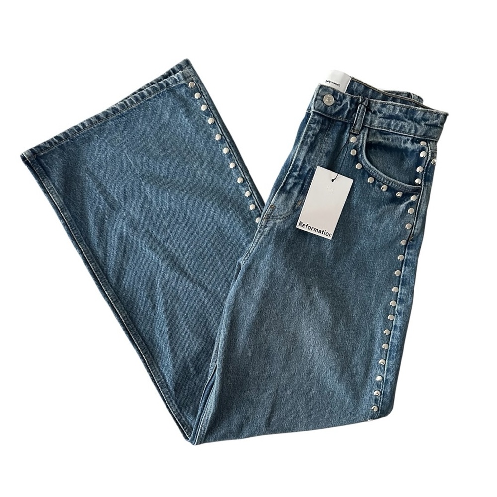Reformation Blue Stud-Trim Wide-Leg Jeans